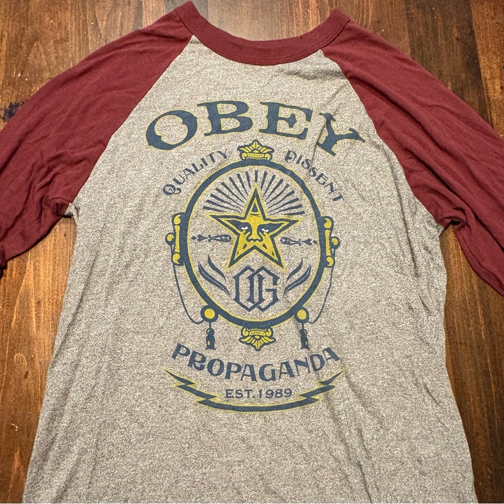 Obey Gray and Maroon 3/4  Sleeve Tee